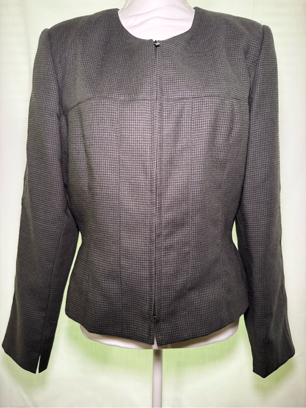 Harve Benard Gray Houndstooth Zip-Front Wool Blazer